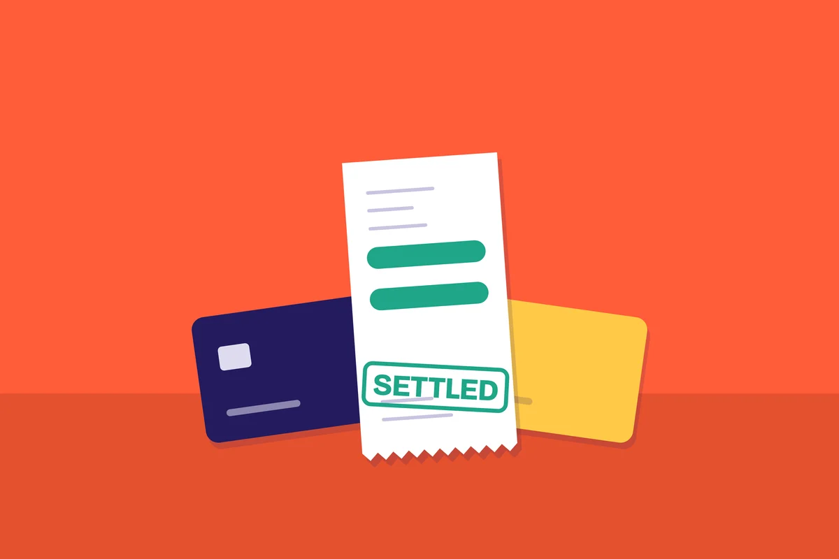 A receipt stamped Settled between two cards