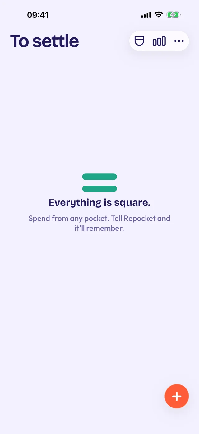 Der Startbildschirm von Repocket, To settle: alles ausgeglichen, Everything is square.