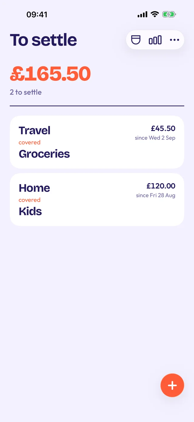 Der Startbildschirm von Repocket, To settle: 165,50 £ für 2 Taschenpaare. Travel hat seit Mi. 2. Sep. 45,50 £ für Groceries ausgelegt, und Home seit Fr. 28. Aug. 120,00 £ für Kids.