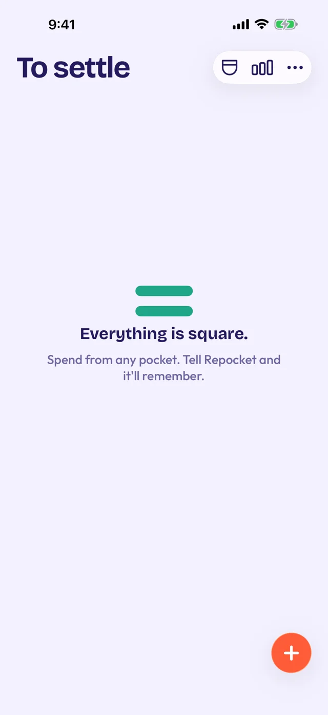 Repocket's To settle screen, all square: Everything is square. Spend from any pocket. Tell Repocket and it'll remember.