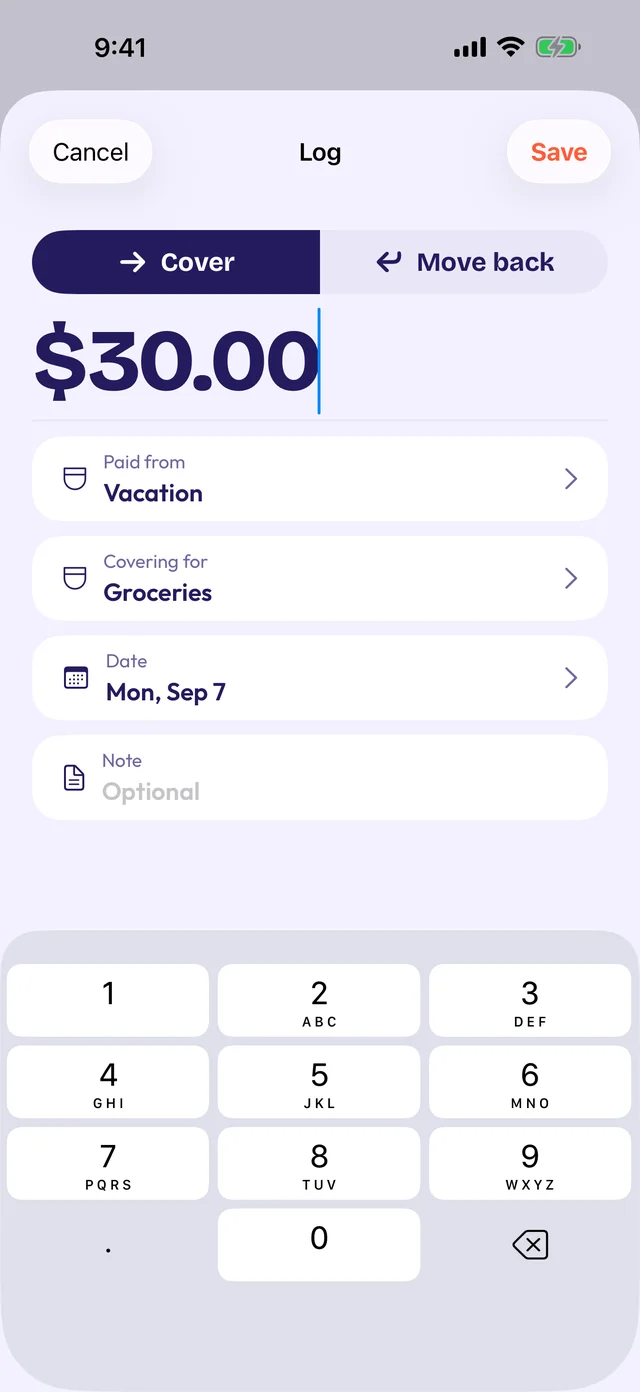 Repocket's Log sheet on Cover: $30.00, Paid from Vacation, Covering for Groceries, dated Mon, Sep 7, with the number pad open.