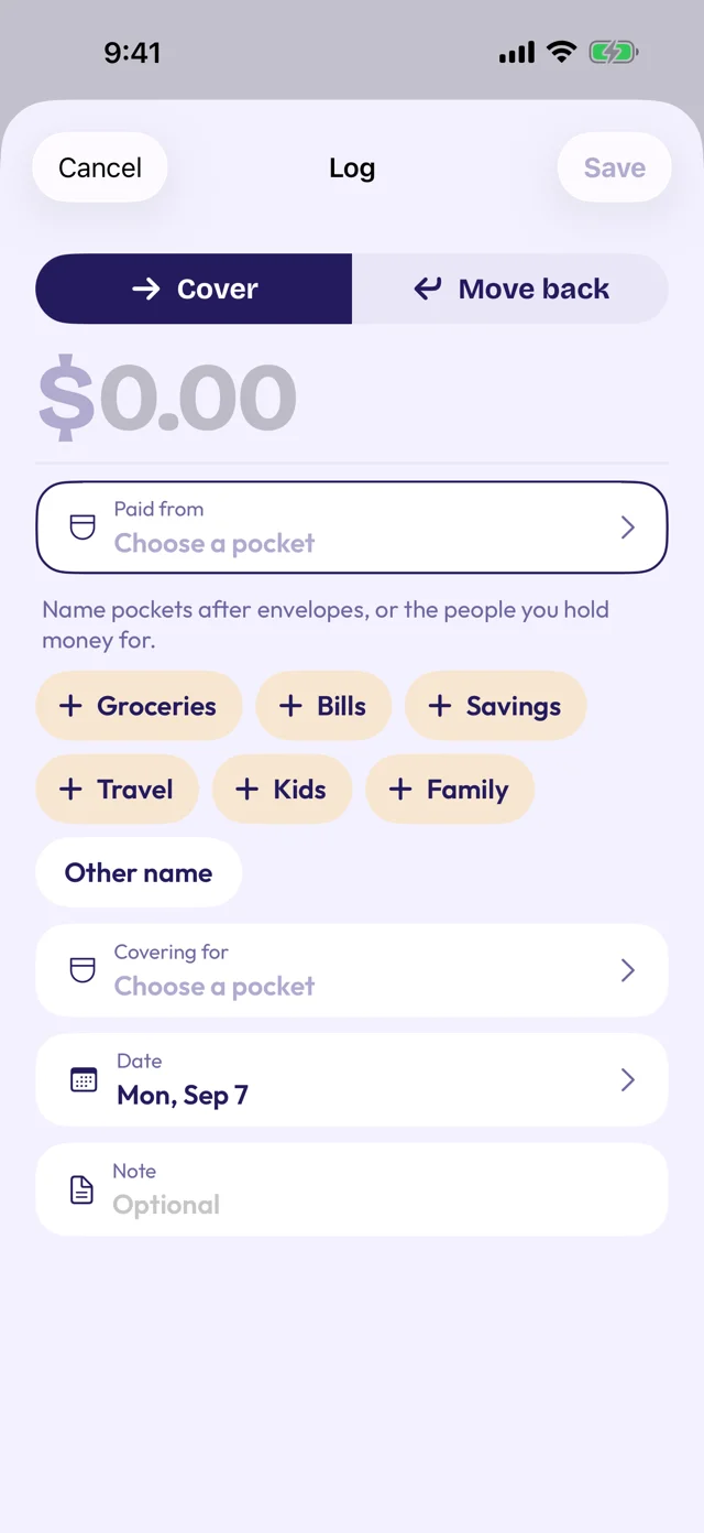 Repocket's first cover opens on the starter pockets: Groceries, Bills, Savings, Travel, Kids, Family and Other name, under the line Name pockets after envelopes, or the people you hold money for.