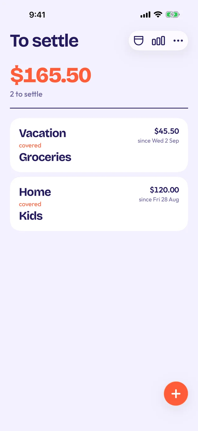 Repocket's To settle screen: $165.50, 2 to settle. Vacation covered Groceries for $45.50 since Wed 2 Sep, and Home covered Kids for $120.00 since Fri 28 Aug.