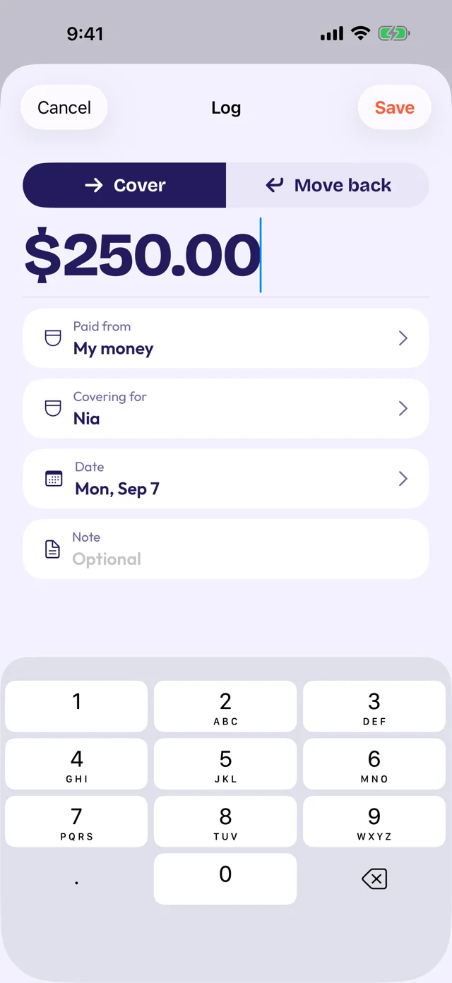 Repocket's Log sheet on Cover: $250.00, Paid from My money, Covering for Nia, dated Mon, Sep 7, with the number pad open.