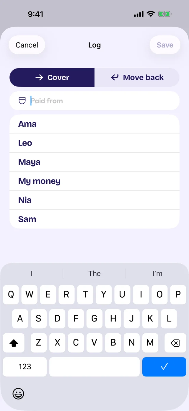 Repocket's Log sheet on Cover with the Paid from picker open over the people's pockets: Ama, Leo, Maya, My money, Nia and Sam.
